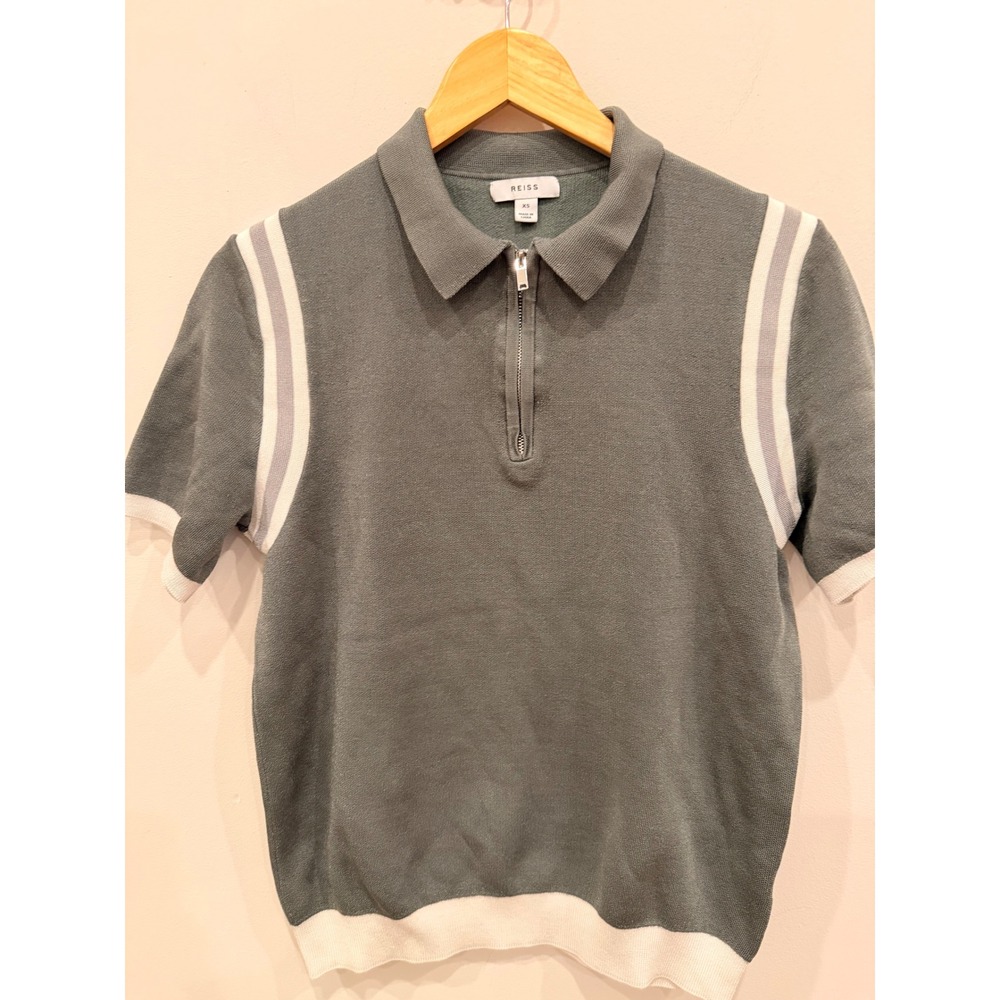 REISS Mens‎ Green Zip Neck Short Sleeve Knit Polo Shirt Size XS